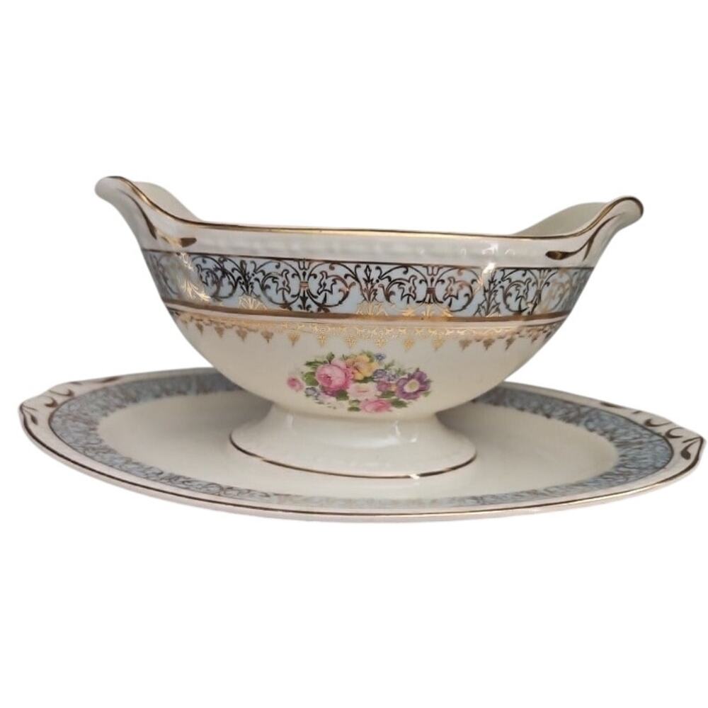 Vintage Homer Laughlin Gravy Boat Attached Underplate Floral Gray Gold Trim